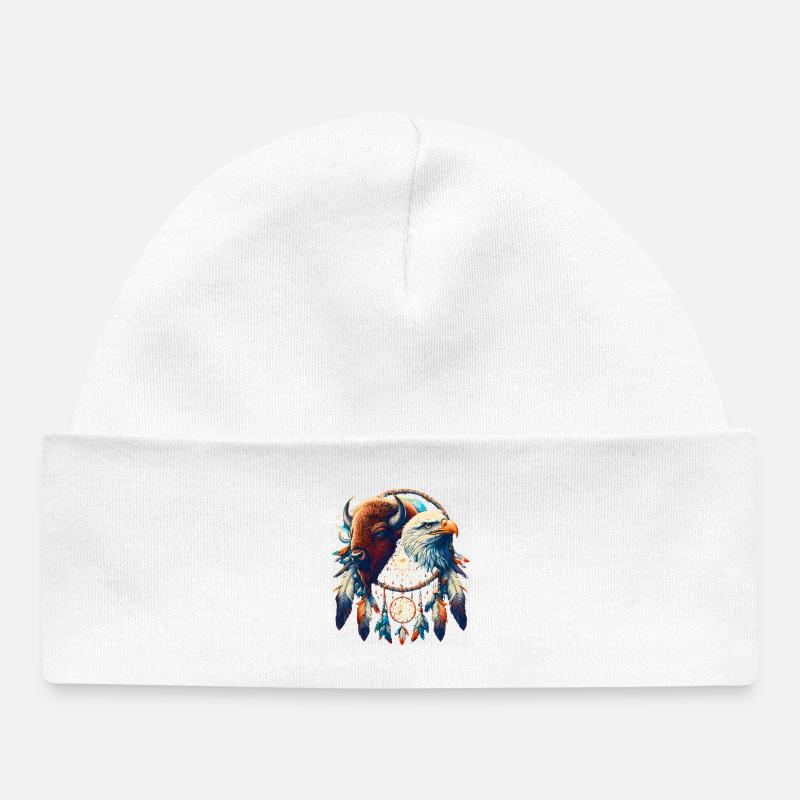 Mandala Faucon et Buffle Éthéré - Bonnet bébé bio - blanc