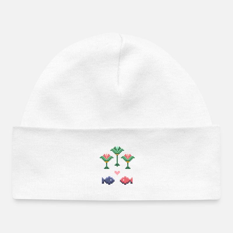 Pixel Art Motif Poisson et Fleur - Bonnet bébé bio - blanc