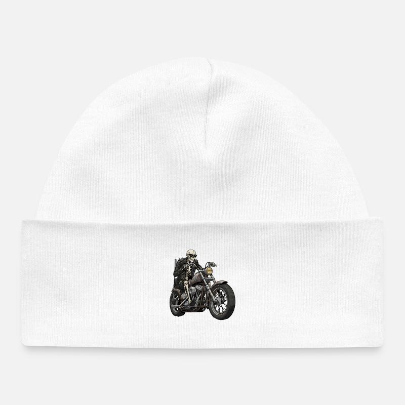 Motard squelette sur moto chopper rétro - Bonnet bébé bio - blanc