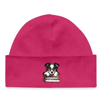 Cute Border Collie Dog Reading Book with Glasses - Baby Organic Beanie - white - Front