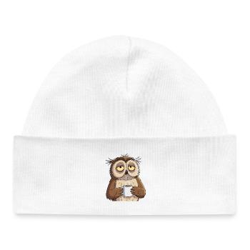 Hibou fatigué au café – Humour drôle sur le design animalier - Bonnet bébé bio - blanc - Devant