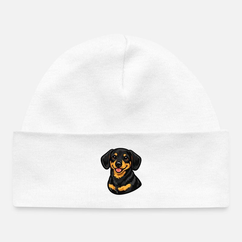 Portrait de chiot heureux – Teckel de dessin animé - Bonnet bébé bio - blanc