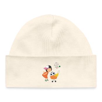 Petite fille avec un ballon de foot - Bonnet bébé bio - blanc - Devant