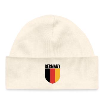 Design du bouclier noir-rouge-or - Bonnet bébé bio - blanc - Devant