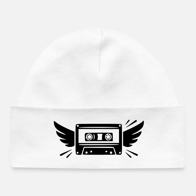 Cassette de musique rétro avec ailes | Années 80 et 90 - Bonnet bébé bio - blanc