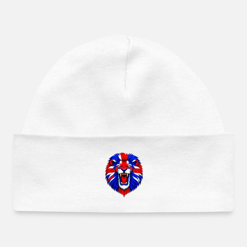 Tête de lion vive avec crinière Union Jack - Bonnet bébé bio - blanc