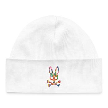 Regenbogen Totenkopf Hase Aufnäher - Baby Organic Mütze - Weiß - Vorne