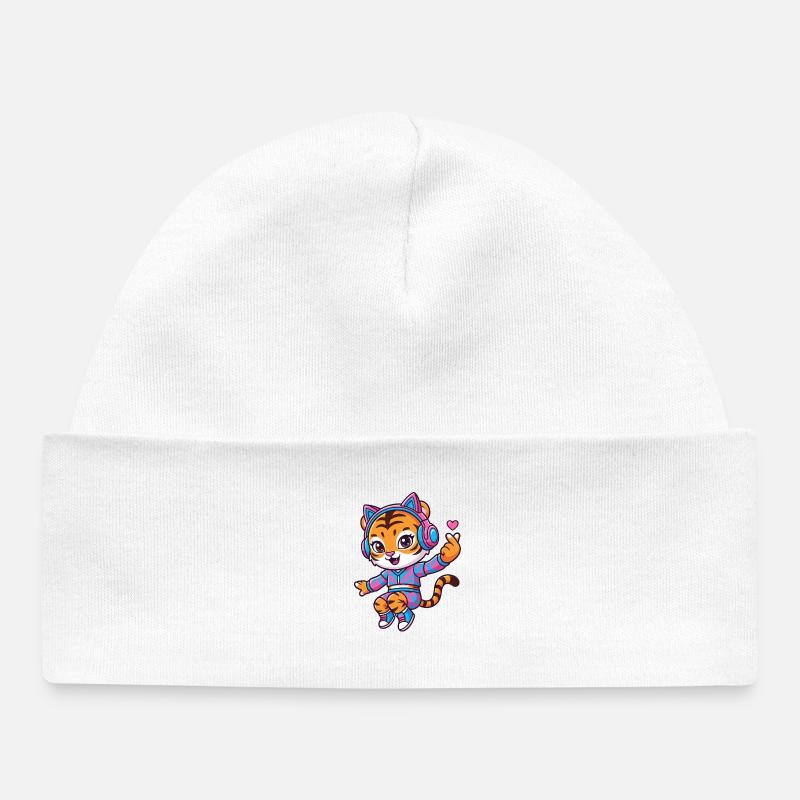 Tigre dansant avec un casque de chat - Bonnet bébé bio - blanc