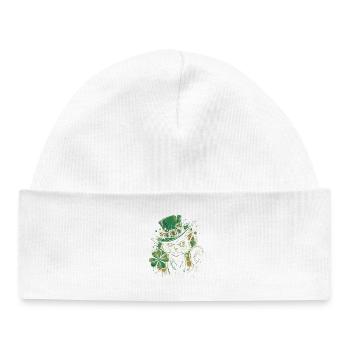 Ronronnement de chat vert avec trèfle - Bonnet bébé bio - blanc - Devant