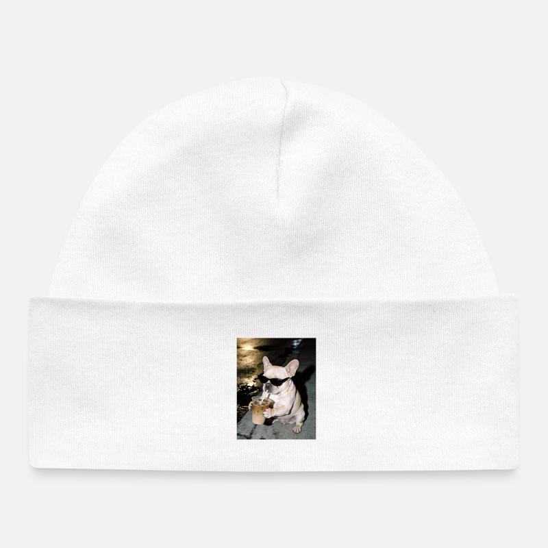 Bouledogue français buvant du café glacé - Bonnet bébé bio - blanc