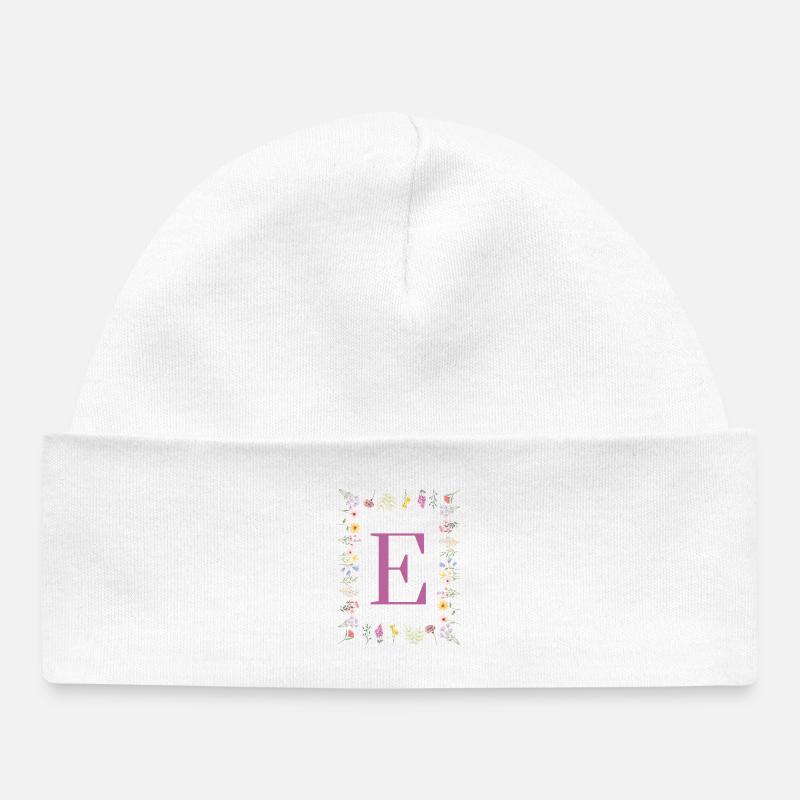 Monogram E with spring blossoms - Baby Organic Beanie - white