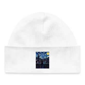 Nocturnal Cat Over Moonlit Town - Baby Organic Beanie - white - Front