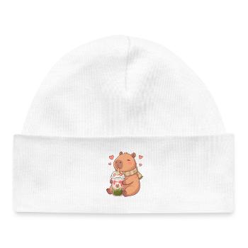 Cute Kawaii Capybara Drinking Strawberry Matcha - Baby Organic Beanie - white - Front