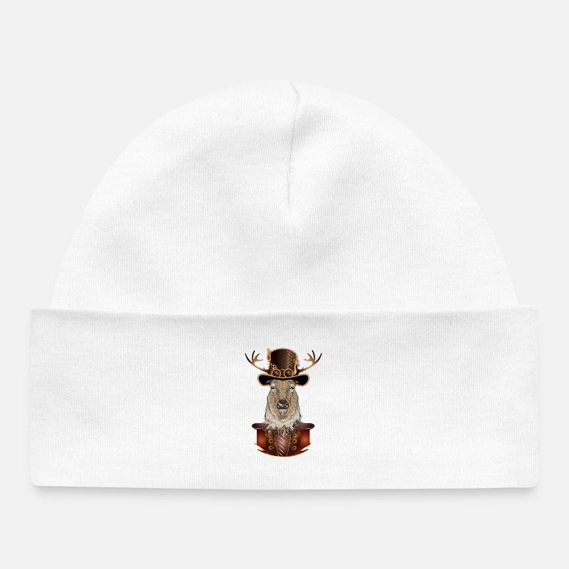 Cerf steampunk avec chapeau cylindre antique - Bonnet bébé bio - blanc
