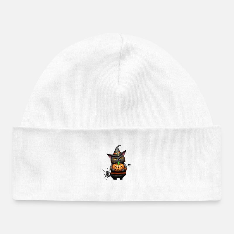 Chat d’Halloween et citrouille - Bonnet bébé bio - blanc