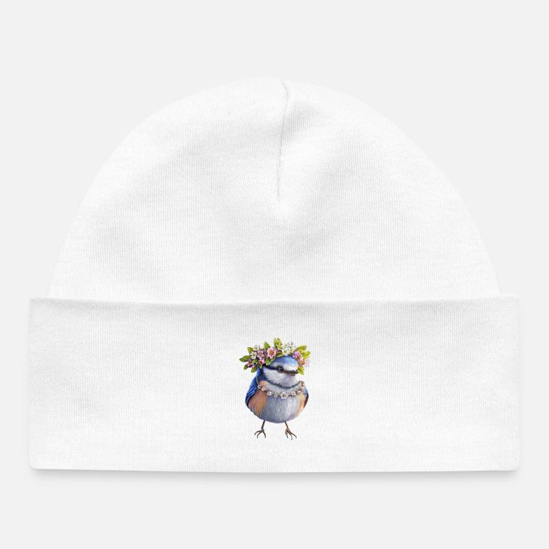 Couronne florale d’oiseau - Bonnet bébé bio - blanc