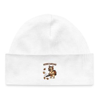 Beginning of autumn bulldog with leaf blower - Baby Organic Beanie - white - Front