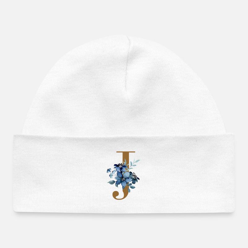 Floral J – Lettre dorée avec des fleurs - Bonnet bébé bio - blanc
