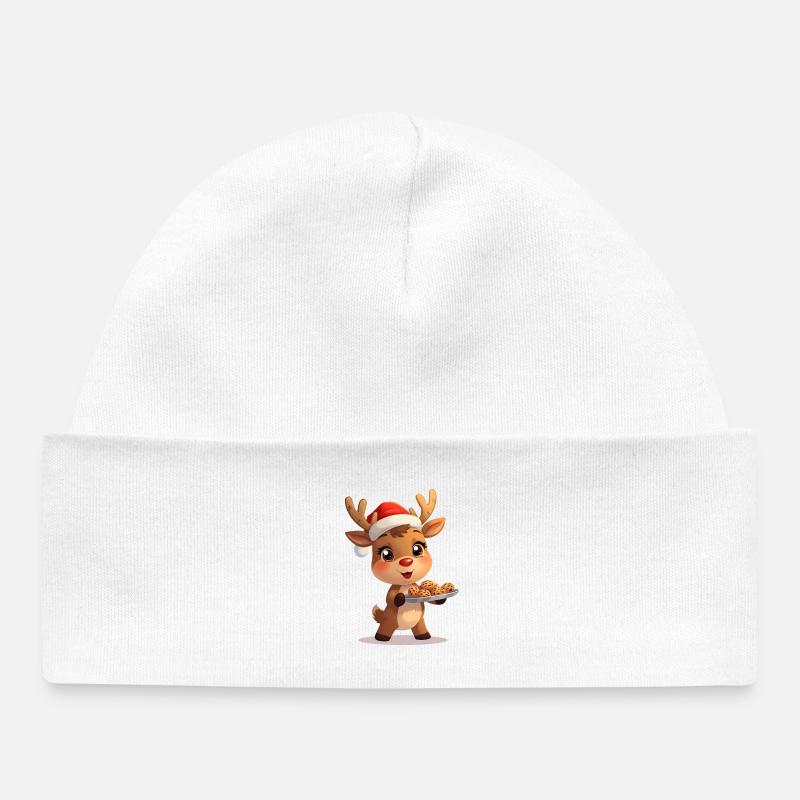 Renne avec chapeau de Père Noël et biscuits - Bonnet bébé bio - blanc