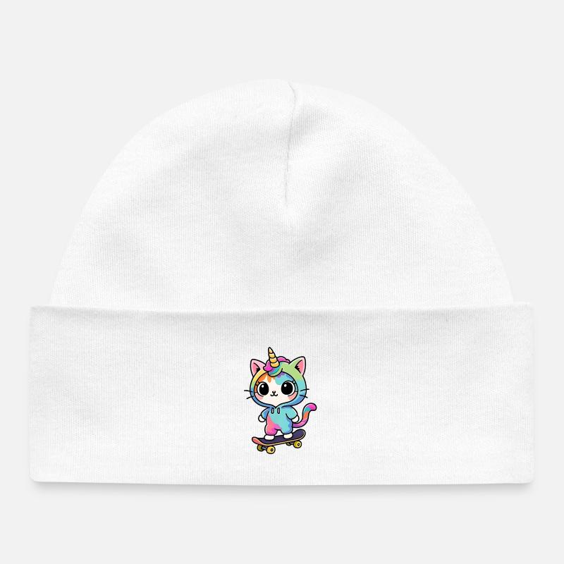 Chat Licorne Arc-en-Ciel Skate - Bonnet bébé bio - blanc