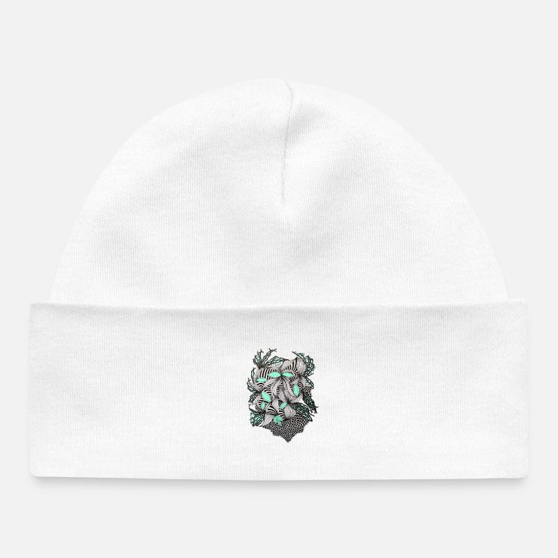 Line Flowers Pattern Mint Accent - Baby Organic Beanie - white