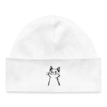 Chat Curieux - Croquis dessiné à la main - Bonnet bébé bio - blanc - Devant