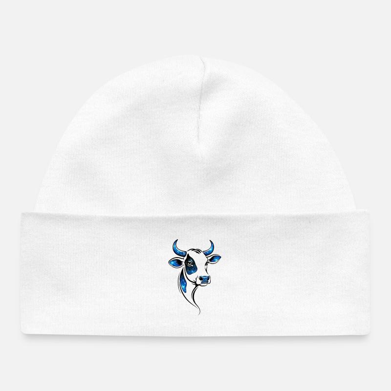 Cow Lineart Blue – Design agricole moderne - Bonnet bébé bio - blanc