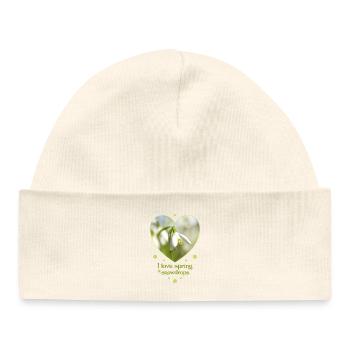 Motif de cœur : perce-neige : printemps, j’adore le printemps - Bonnet bébé bio - blanc - Devant