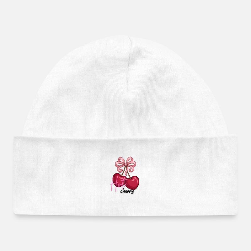 Cœurs cerises avec nœud - Bonnet bébé bio - blanc