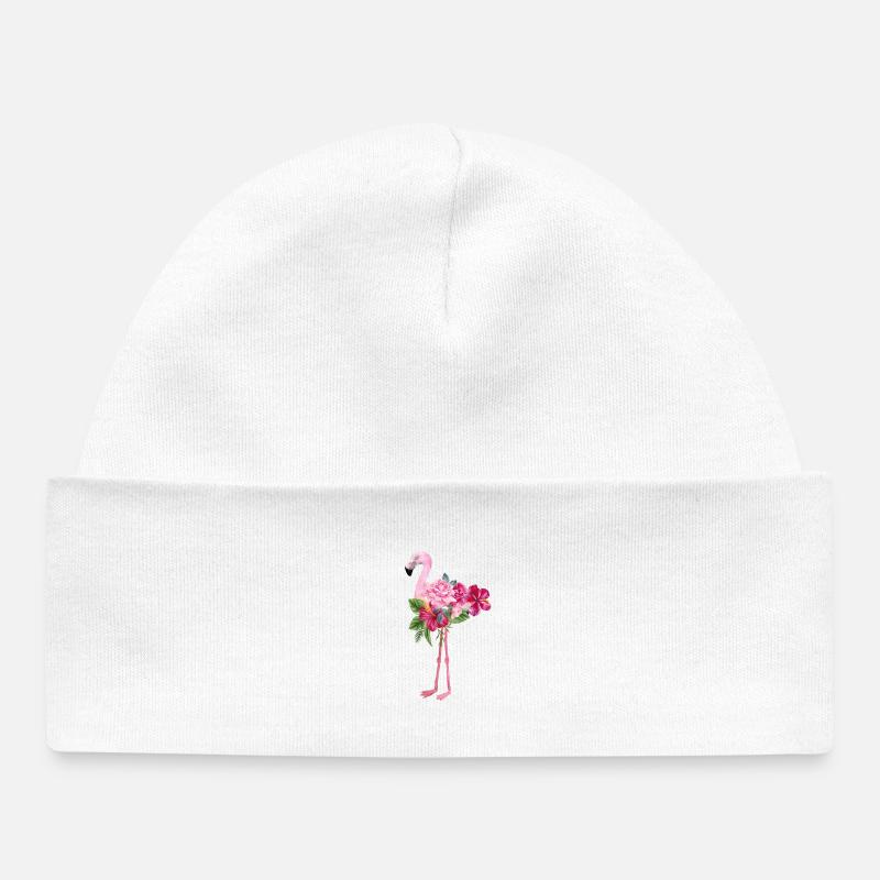 flamant rose avec des fleurs - Bonnet bébé bio - blanc