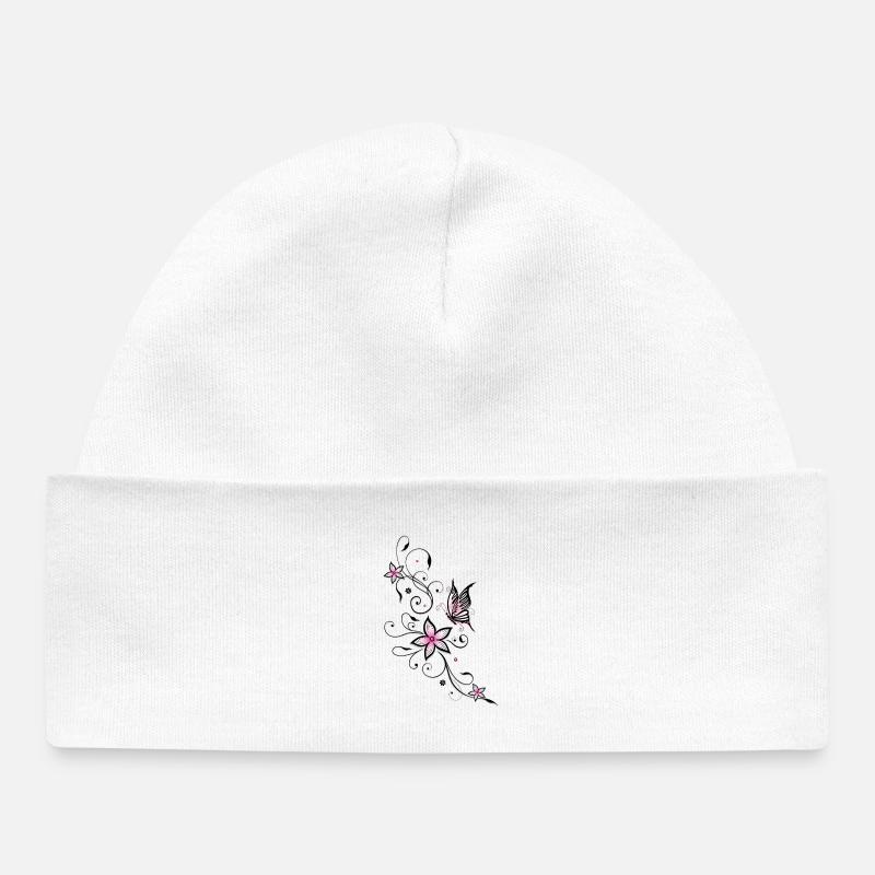 Vrille de filigrane avec papillon et fleurs. - Bonnet bébé bio - blanc