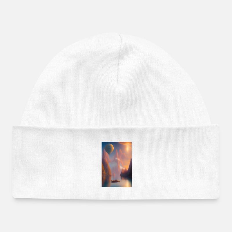 Paysage avec lac, bateau et montagnes - Bonnet bébé bio - blanc
