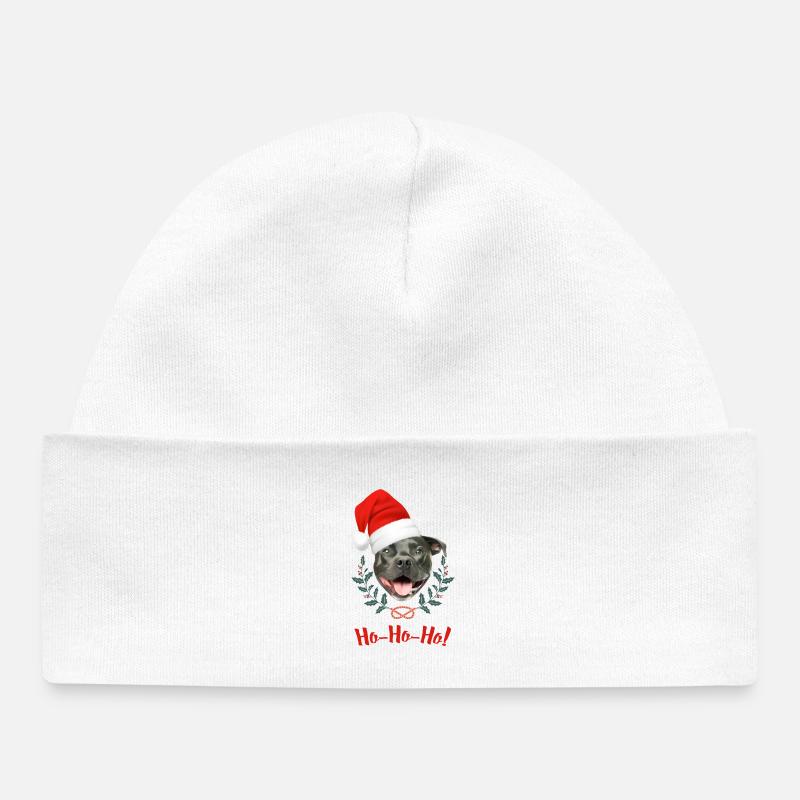 Tête de staffie noir avec bonnet de père Noël - Bonnet bébé bio - blanc