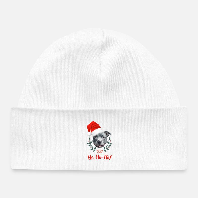 Tête de staffie bleu avec bonnet de père Noël - Bonnet bébé bio - blanc