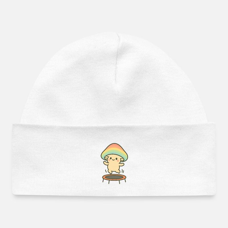 Petit champignon avec chapeau arc-en-ciel sur trampoline - Bonnet bébé bio - blanc
