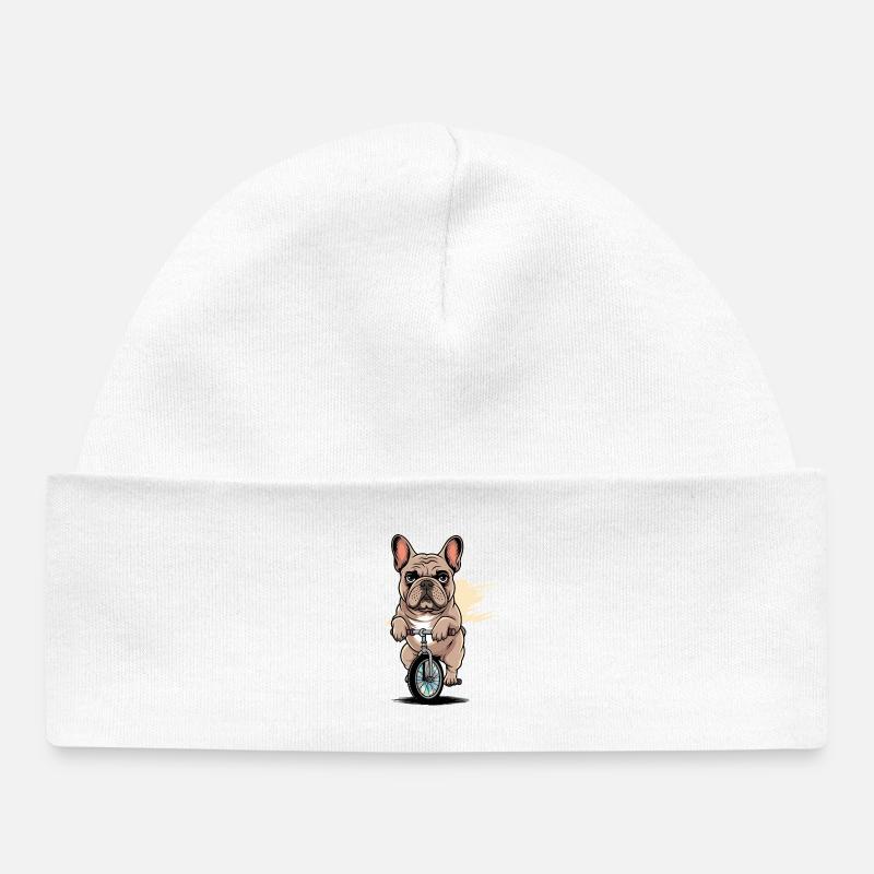 Bouledogue français sur monocycle Drôle de tyran - Bonnet bébé bio - blanc