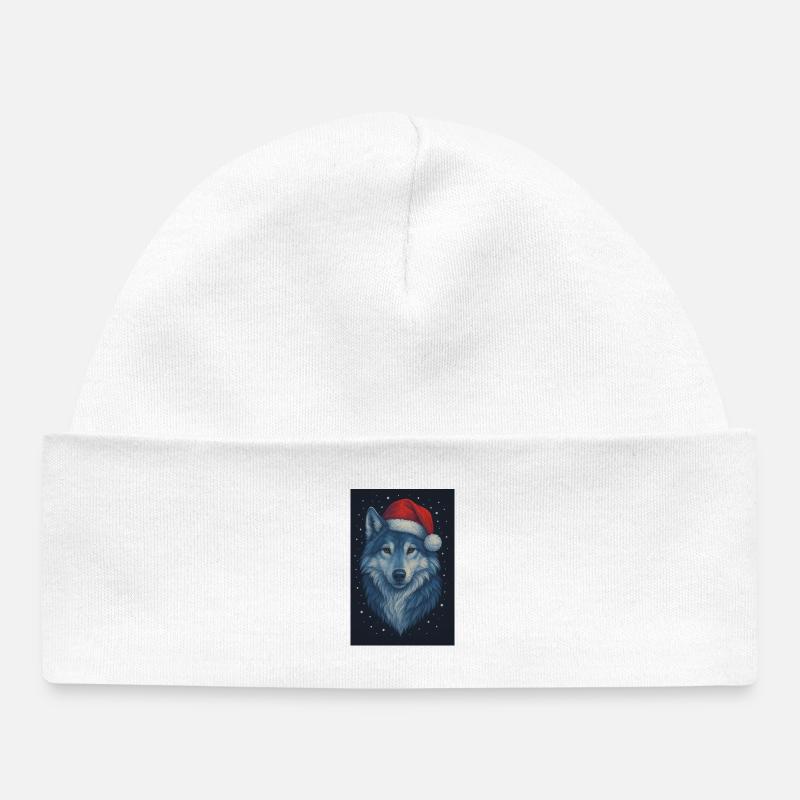 Loup nordique au chapeau de Noël - Bonnet bébé bio - blanc