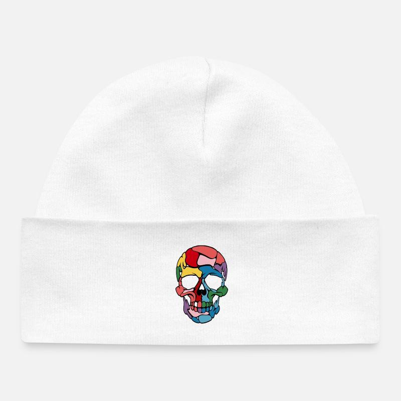 Estampe artistique colorée et stylée de crâne - Bonnet bébé bio - blanc