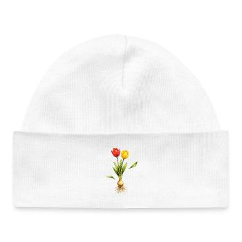 Deux tulipes avec un bulbe et des racines visibles - Bonnet bébé bio - blanc - Devant
