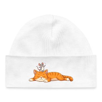 Schlafende Katze mit fröhlicher Maus  - Baby Organic Mütze - Weiß - Vorne
