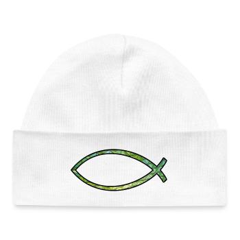 Poisson Ichtus (diamant, vert) - Bonnet bébé bio - blanc - Devant
