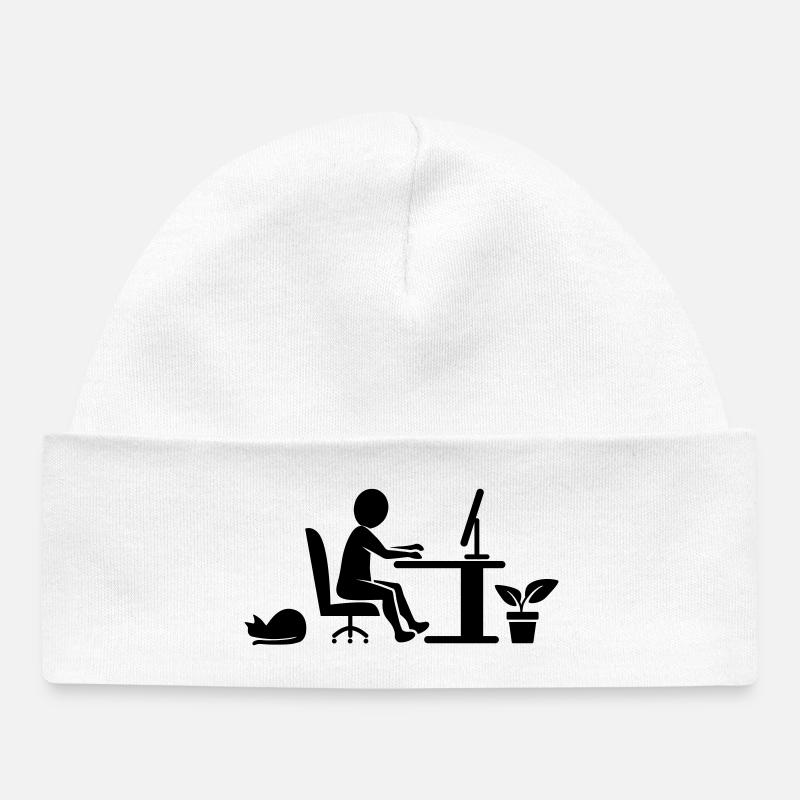Bureau à domicile avec chat et plante d'intérieur - Bonnet bébé bio - blanc