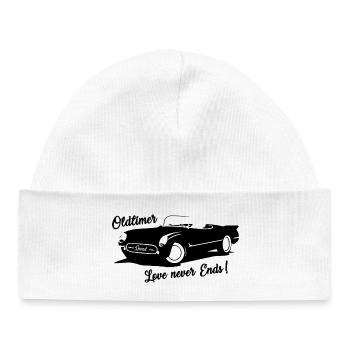 Oldtimer - Love never ends - Auto mit Schrift - Baby Organic Mütze - Weiß - Vorne