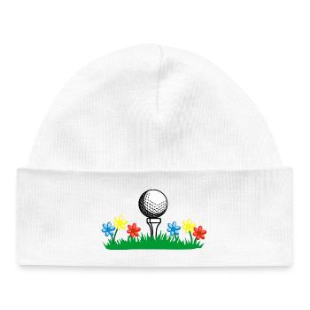 Golfstock und Ball auf Rasen mit Blumen - Baby Organic Mütze - Weiß - Vorne
