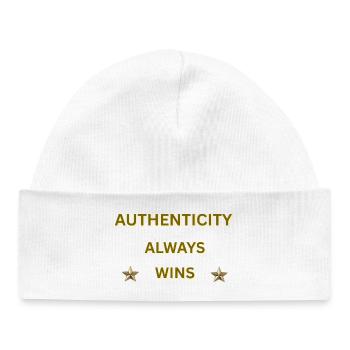 L’AUTHENTICITÉ GAGNE TOUJOURS – Citation motivationnelle en or - Bonnet bébé bio - blanc - Devant