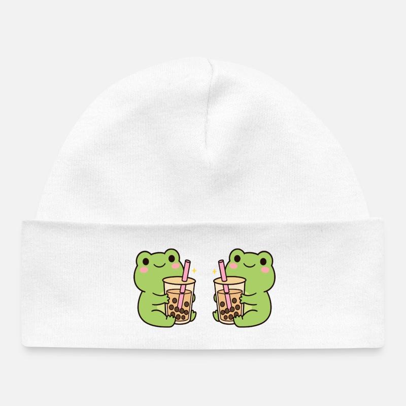 Kawaii Bubble T-Frogs – duo de grenouilles mignons (minimal) - Bonnet bébé bio - blanc