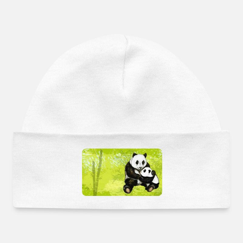 Maman Panda Ours avec Bébé Panda - Bonnet bébé bio - blanc