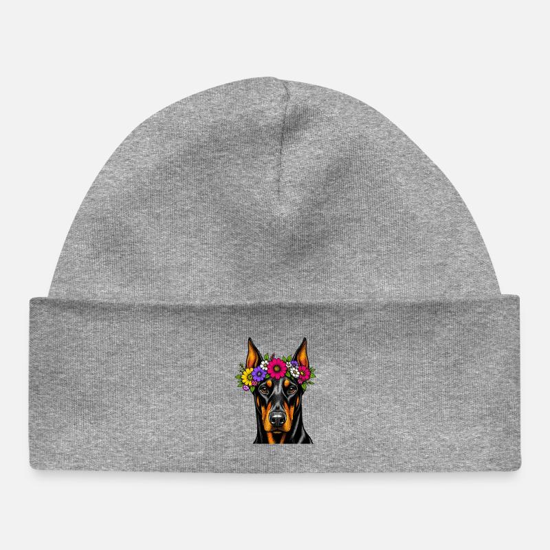 Portrait du Doberman en couronne de fleurs - Bonnet bébé bio - gris chiné