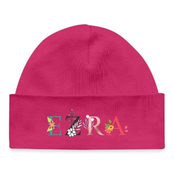 EZRA Name Art With Flowers Embroidered - Baby Organic Beanie - hot pink - Front