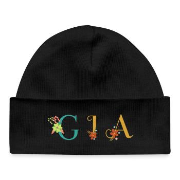 GIA Name Art With Flowers Embroidered - Baby Organic Beanie - black - Front